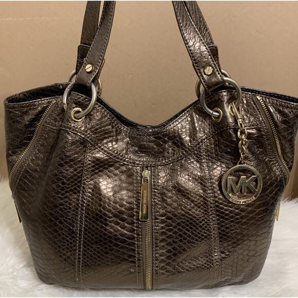MICHAEL KORS Bronze Snakeskin Embossed Leather MOXLEY Shoulder Tote - Picture 4 of 16